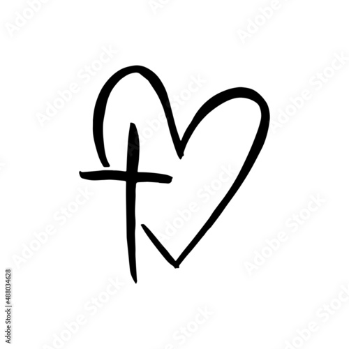Hand drawn grunge christian cross and heart. Religion symbol vector illustration