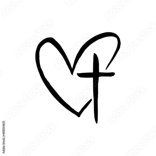 Hand drawn grunge christian cross and heart. Religion symbol vector illustration