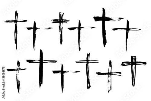 Set of hand drawn grunge christian cross. Religion symbol vector illustration.