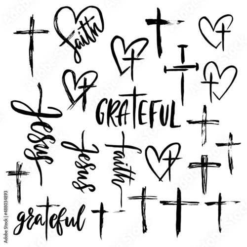 Set of hand drawn grunge christian cross, heart. Religion symbosl vector illustration.