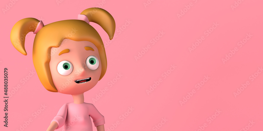 Portrait of happy girl. Copy space. 3D illustration. Cartoon. Portrait of happy girl. Copy space. 3D illustration. Cartoon.