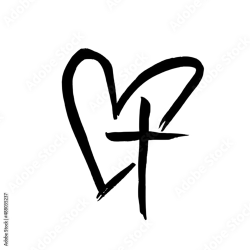 Hand drawn grunge christian cross and heart. Religion symbol vector illustration