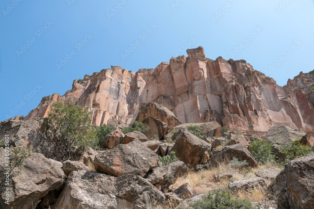 view of volcanic rock in ihlara valley canyon, cappadocia
