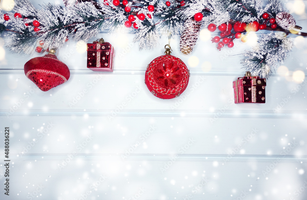 winter background with fir branches decor and snow