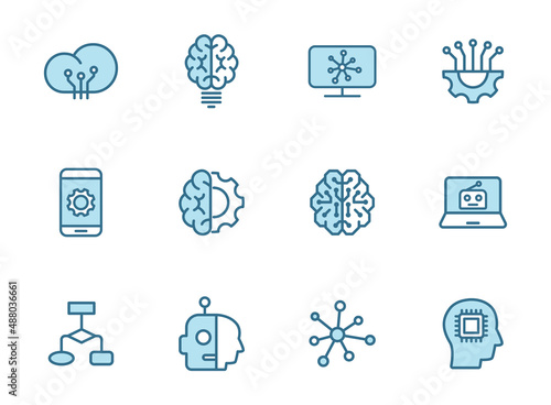artificial intelligence line filled vector icons in two colors isolated on white background. artificial intelligence blue icon set for web design, ui, mobile apps, print polygraphy and promo business