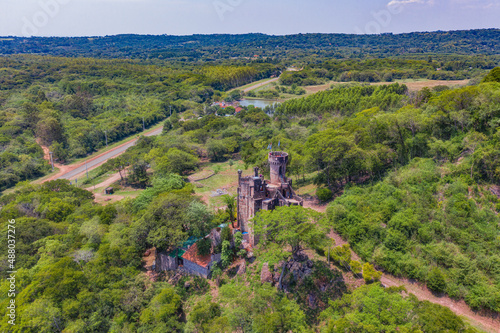 Colonia Independencia, Paraguay - February 13, 2022: Aerial view of Castillo Echauri. The castle was built by Paraguayan architect Guillermo Echauri and only recently opened to the public on weekends.
