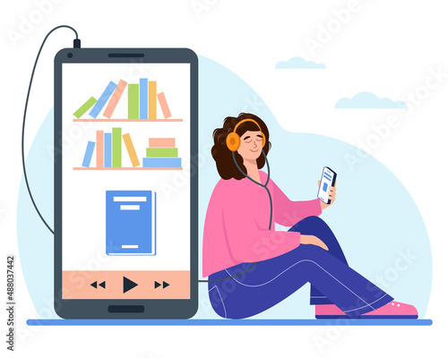 Young woman with smartphone listening audio book or podcast. Smiling relaxed girl female character in headphones. Concept of online reading or library, e-reader or education vector illustration.