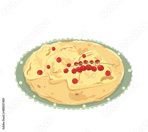 Thin pancakes. Traditional Russian pancakes with butter, caviar, jam.