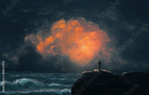 Man, tourist standing on mountain edge, looking to sea and lighthouse with sunset dark moody sky. Digital painting, background illustration