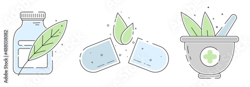 Icon Set of Homeopathic Pills Isolated on the white background. Natural healthy Organic food drugs. Mortar and Pestle with green leaves. Vector flat Illustration. Alternative medicine concept.