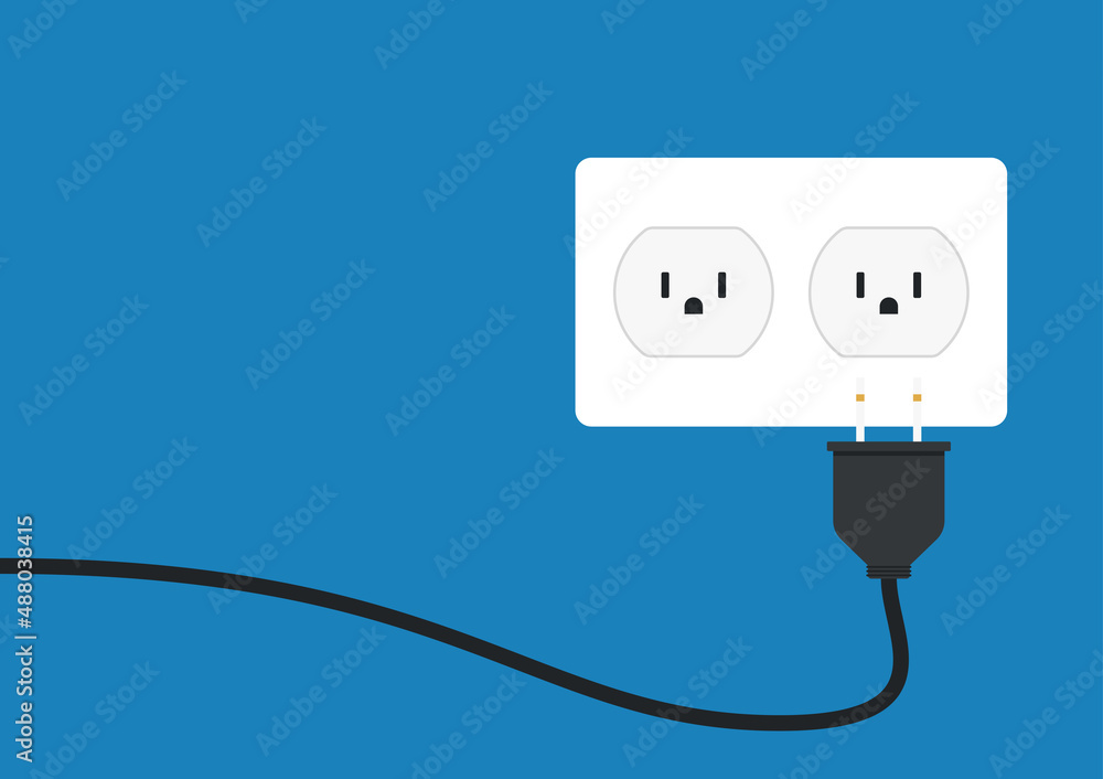 Black power cord vector. Black power cord cable plugged into blue wall outlet on blue wall with copy space. Black power cord vector. Black power cord cable plugged into blue wall outlet on blue wall with copy space.