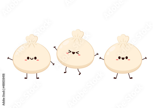 Cute Dim sum character, traditional Chinese dumplings, with funny smiling faces. Kawaii Asian food vector.