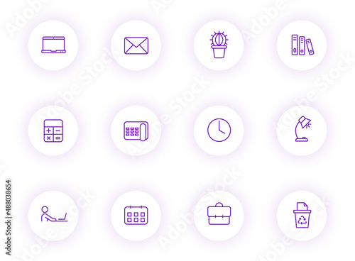 workspace purple color outline vector icons on light round buttons with purple shadow. workspace icon set for web, mobile apps, ui design and print