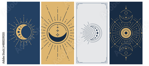 Moon and sun simple vector background in line minimal geometric style