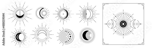 Moon and sun vector logo. Line mystic symbols in minimal flat linear