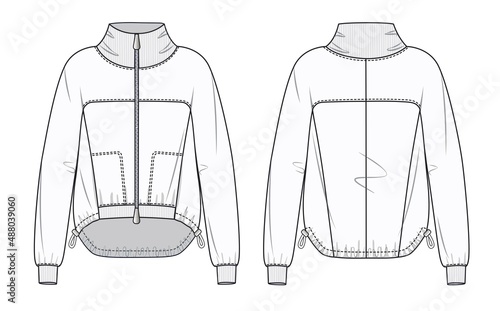 Unisex Sweatshirt design fashion flat sketch template. Hoodie sweat jacket with zipper. Hoodie Mockup template. Oversize Windbreaker fashion technical drawing template. 	