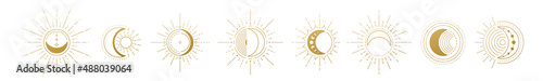 Moon and sun vector logo. Gold line mystic symbol in minimal flat
