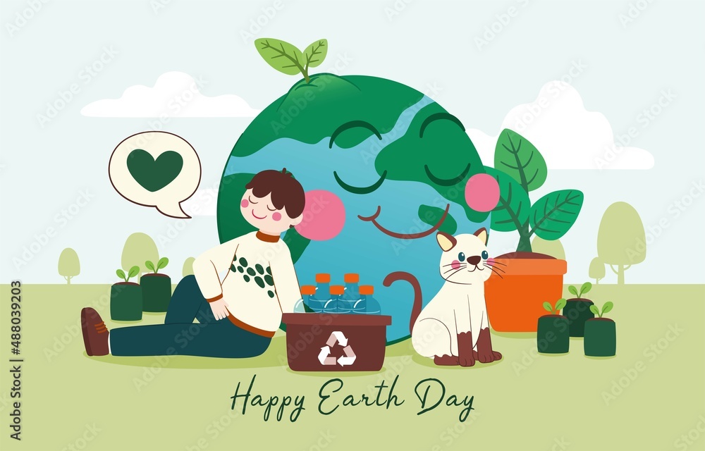 Fototapeta premium Human And Cat Sit Next to The Earth With Happy Face