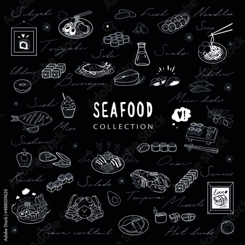 Vector set of seafood and japanes drawings and handwritten words, decorations, frames on blackboard or chalkboard for cafe menu, white outline.