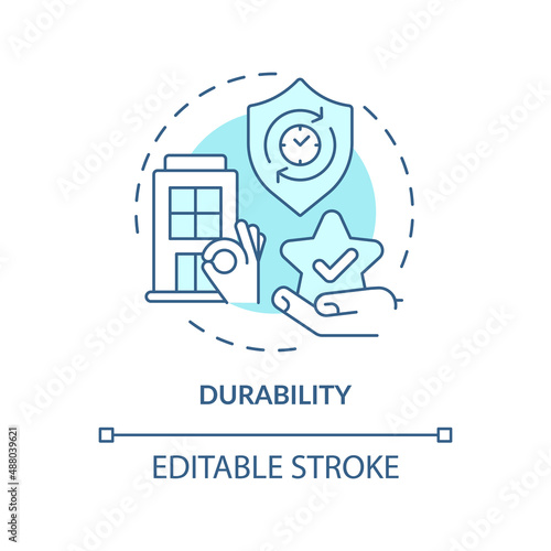 Durability turquoise concept icon. Buildings quality. Sustainable urban design abstract idea thin line illustration. Isolated outline drawing. Editable stroke. Arial, Myriad Pro-Bold fonts used