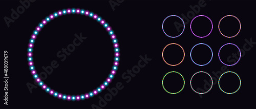 Neon circle frame with bicolor lamps. Glowing neon round border set with bulbs