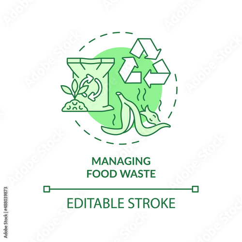 Managing food waste green concept icon. Garbage recycling. Urban comfort ideas abstract idea thin line illustration. Isolated outline drawing. Editable stroke. Arial, Myriad Pro-Bold fonts used