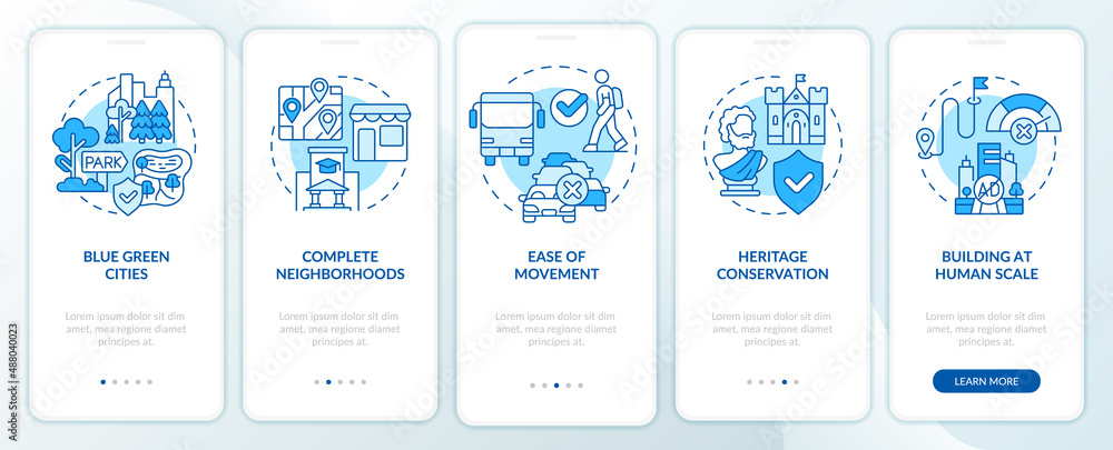 Urban design principles blue onboarding mobile app screen. City growth walkthrough 5 steps graphic instructions pages with linear concepts. UI, UX, GUI template. Myriad Pro-Bold, Regular fonts used