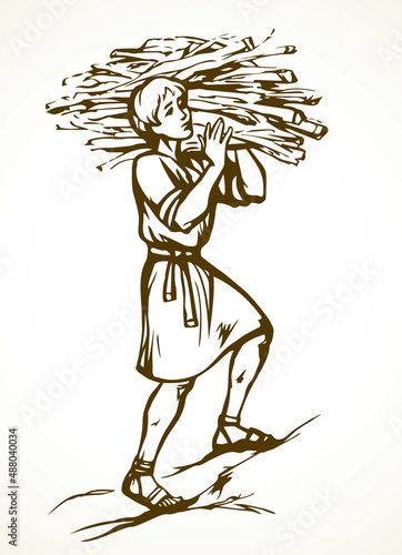 Man carries firewood. Vector drawing