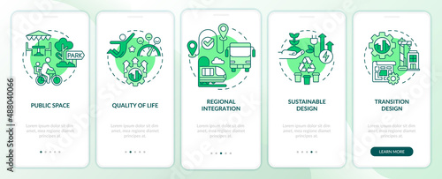 Principles of urban design green onboarding mobile app screen. Quality walkthrough 5 steps graphic instructions pages with linear concepts. UI, UX, GUI template. Myriad Pro-Bold, Regular fonts used