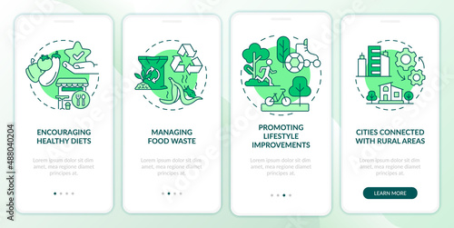 Urban comfort ideas green onboarding mobile app screen. Life quality walkthrough 4 steps graphic instructions pages with linear concepts. UI, UX, GUI template. Myriad Pro-Bold, Regular fonts used