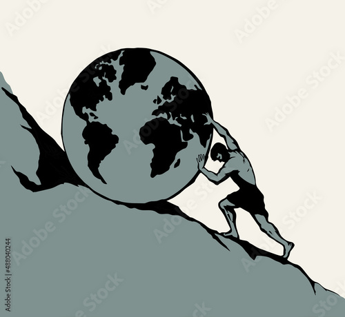Foto A man rolls a earth up the hill. Vector drawing