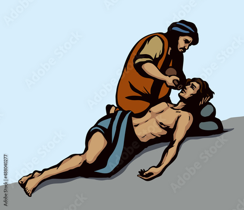 The parable of the good Samaritan. Vector drawing