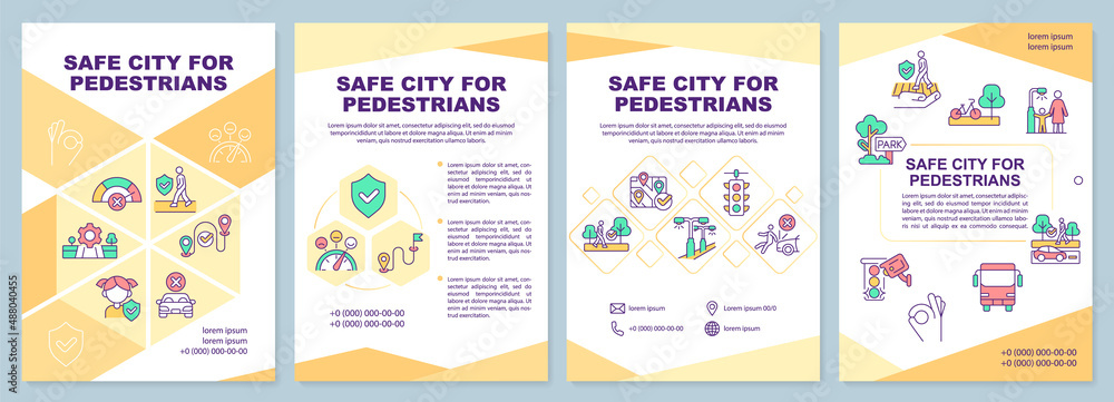 Safe city for pedestrians yellow brochure template. Urban planning. Leaflet design with linear icons. 4 vector layouts for presentation, annual reports. Arial-Black, Myriad Pro-Regular fonts used