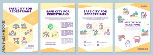 Safe city for pedestrians yellow brochure template. Urban planning. Leaflet design with linear icons. 4 vector layouts for presentation, annual reports. Arial-Black, Myriad Pro-Regular fonts used