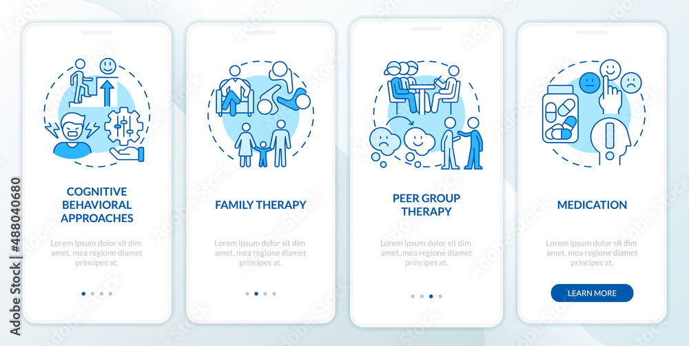 Conduct disorder treatment blue onboarding mobile app screen. Walkthrough 4 steps graphic instructions pages with linear concepts. UI, UX, GUI template. Myriad Pro-Bold, Regular fonts used