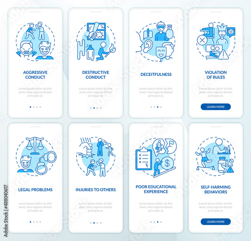 Conduct disorder blue onboarding mobile app screen set. Behavior, effect walkthrough 4 steps graphic instructions pages with linear concepts. UI, UX, GUI template. Myriad Pro-Bold, Regular fonts used