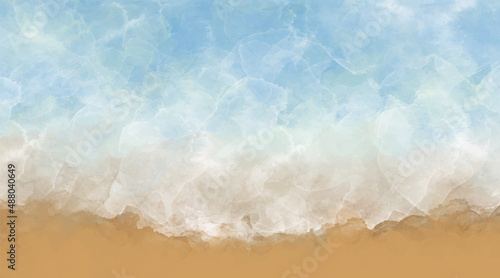Blue vector watercolor art background with blue waves on the tropical beach sand. Hand drawn summer illustration for flyers, cards, wallpaper, poster, cover, print. Vacation. Travel. Ocean. Sea.