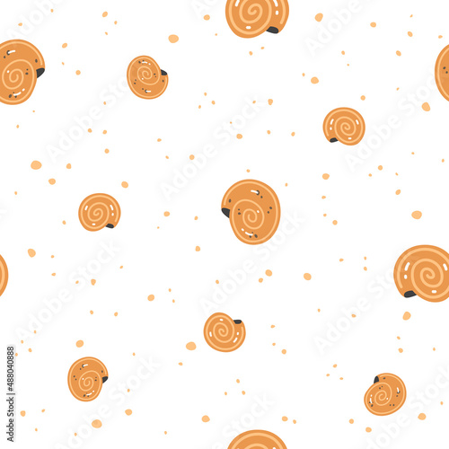 Yellow seashells on a beige background. Vector Seamless pattern