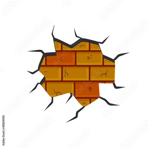 Broken plaster with cracks. Decoration and background element. Detail of house and hole in old building.