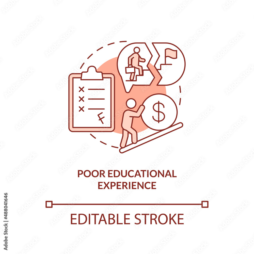 Poor educational experience red concept icon. Effects of conduct disorder abstract idea thin line illustration. Isolated outline drawing. Editable stroke. Arial, Myriad Pro-Bold fonts used