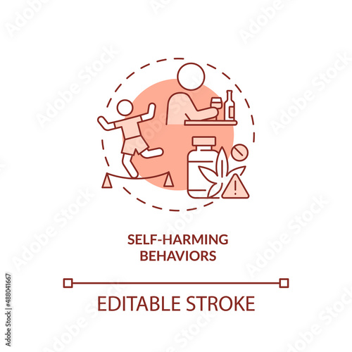 Self harming behaviors red concept icon. Alcohol usage. Effects of conduct disorder abstract idea thin line illustration. Isolated outline drawing. Editable stroke. Arial, Myriad Pro-Bold fonts used