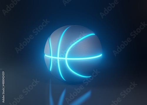 Basketball with futuristic blue glowing neon lights on a dark background with copy space in a conceptual image. 3d rendering illustration © Andrii