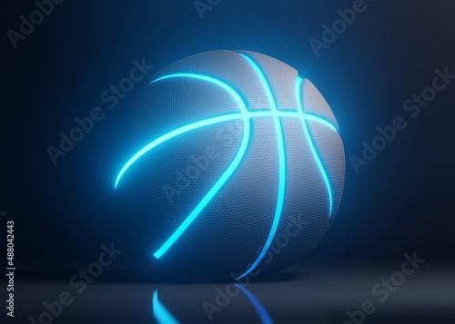 Basketball with futuristic blue glowing neon lights on a dark background with copy space in a conceptual image. 3d rendering illustration © Andrii
