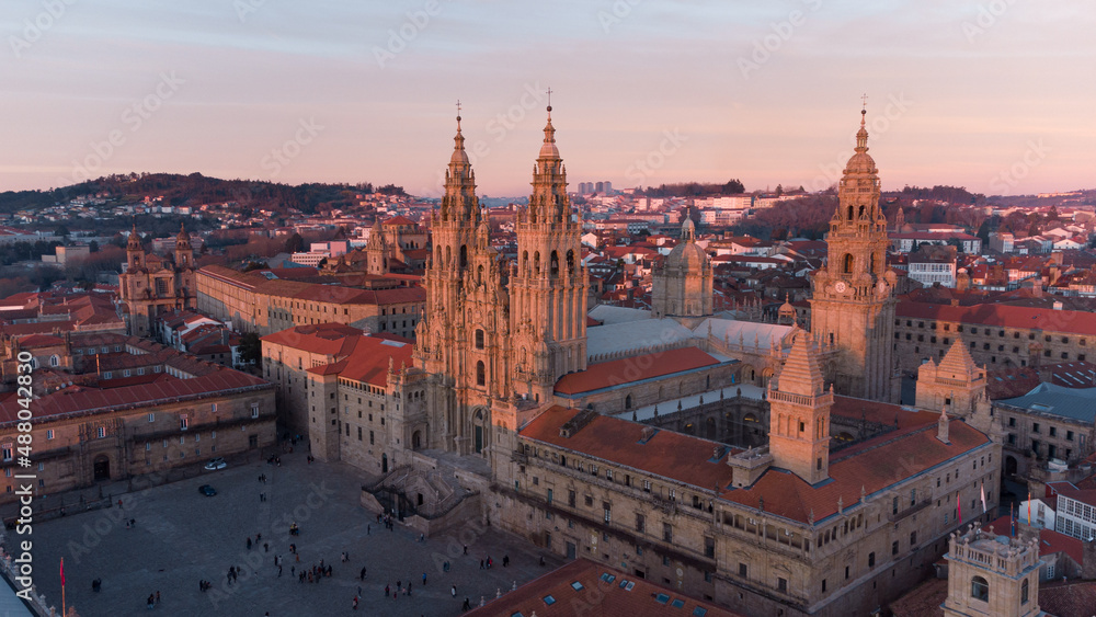Aerial view of the cathedral of Santiago de Compostela, end of the Camino de Santiago - obrazy, fototapety, plakaty 