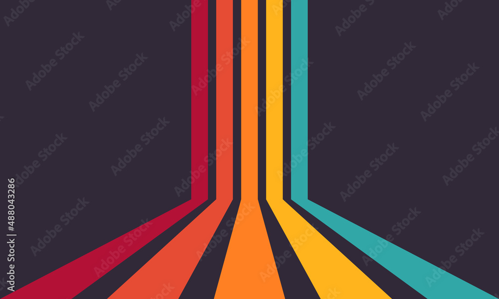 Perspective retro lines background. Colourful stripes on dark background vector