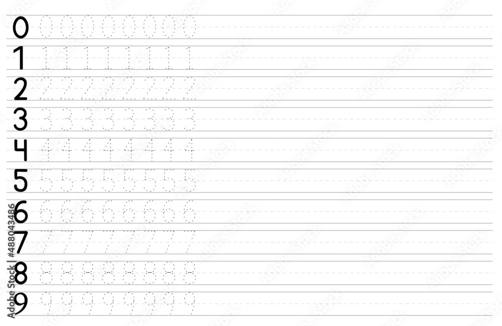 Numbers 09, handwriting tracing practice sheet, kids preschool