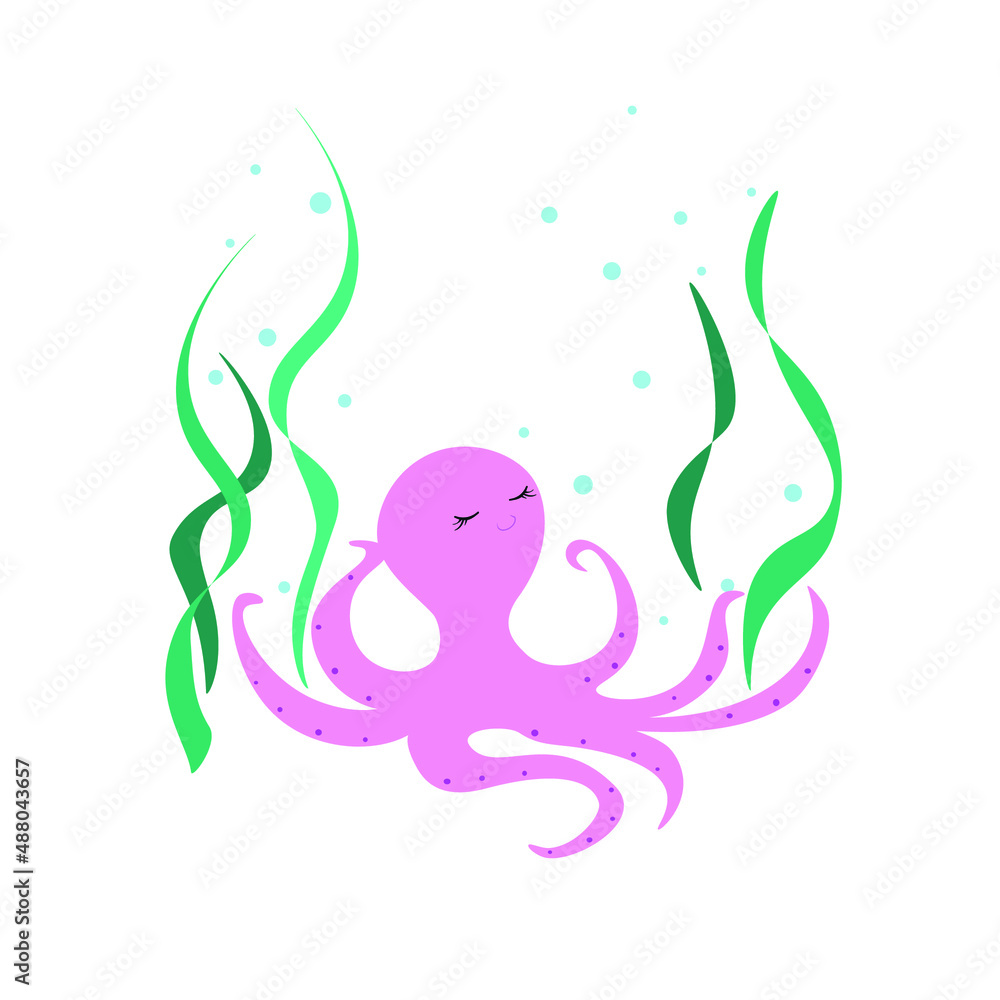 Cartoon octopus and algae on a white background, vector illustration Cartoon octopus and algae on a white background, vector illustration