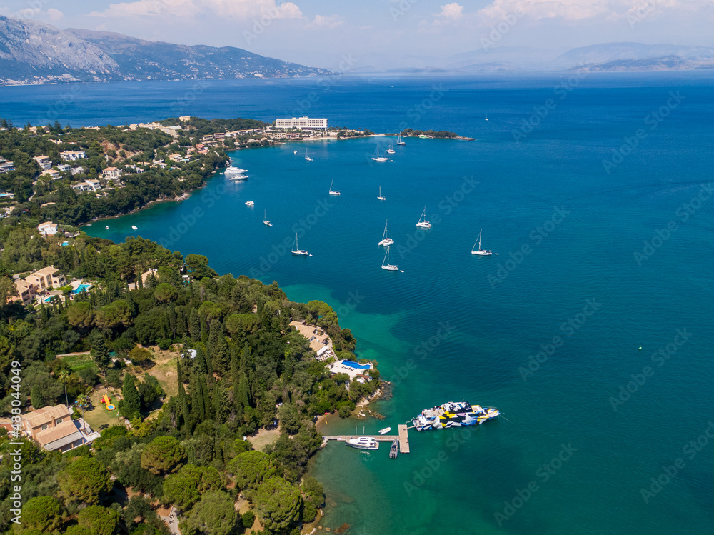 Aerial droen view of famous komeno bay  in kerkyra corfu greece