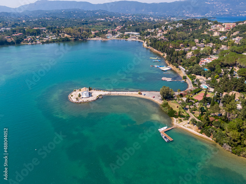 Aerial droen view of famous komeno bay in kerkyra corfu greece