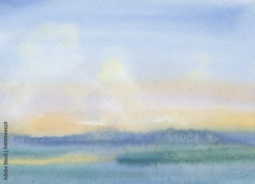 Abstract, watercolor landscape, sunset sky over the sea. Decorative colorful texture. Bright watercolor painting.